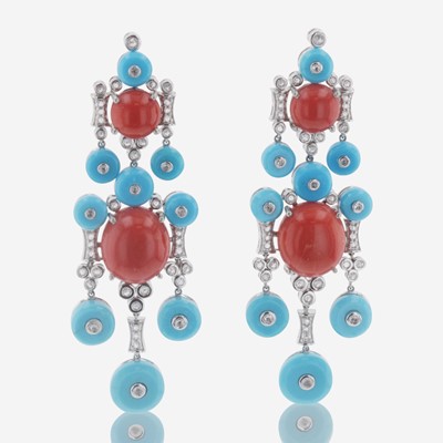 Lot 301 - A Pair of Coral, Turquoise, and Diamond Earrings