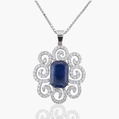 Lot 57 - An 18K White Gold Necklace with Sapphire and Diamond Pendant