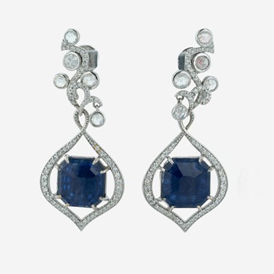 Lot 53 - A Pair of Sapphire, Diamond, and 18K White Gold Earrings
