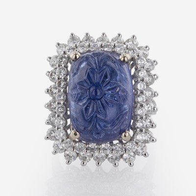 Lot 51 - A 14K White Gold, Carved Sapphire, and Diamond Ring