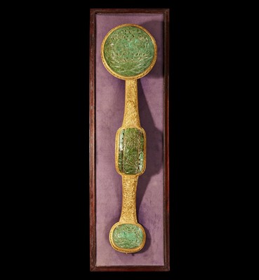 Lot 70 - A Chinese jadeite mounted gilt bronze  ruyi scepter and wood stand 銅鎏金嵌翡翠如意及木底座