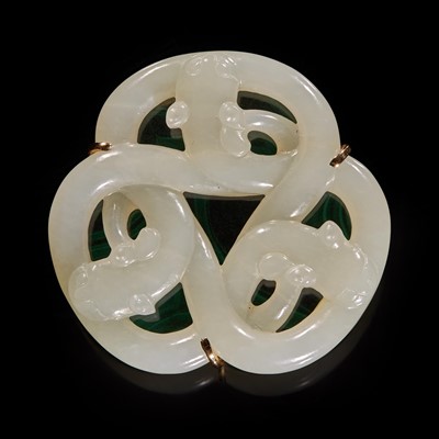 Lot 67 - A Chinese white jade "three qilong" pendant 三螭龍玉珮