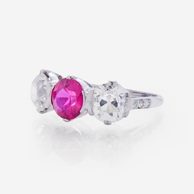 Lot 11 - An Antique Three-Stone Ruby and Diamond Ring