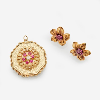 Lot 38 - A Collection of 14K Ruby Earrings and Pendant