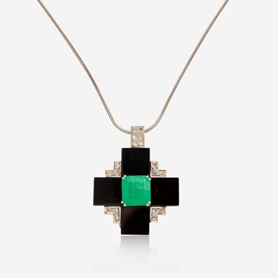 Lot 2 - An 18K Gold, Emerald, Onyx, and Diamond Necklace