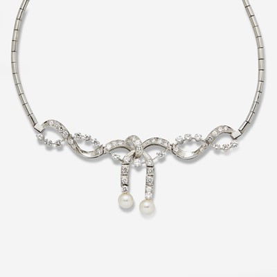 Lot 77 - A 14K White Gold, Diamond, and Pearl Necklace