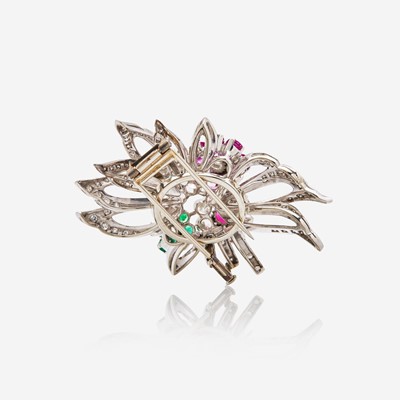 Lot 59 - A 14K White Gold, Diamond, Ruby, and Emerald Brooch