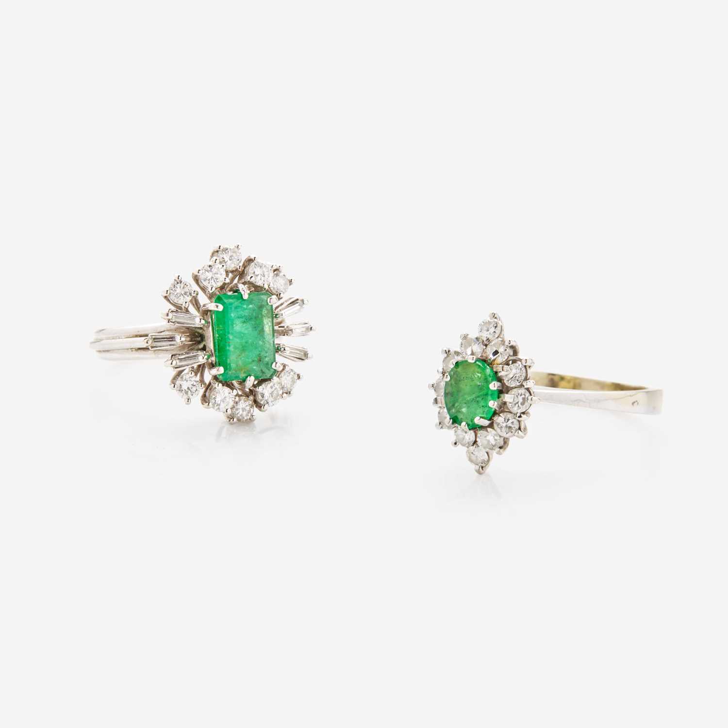 Lot 66 - A Set of Two 14K Gold, Diamond, and Emerald Rings
