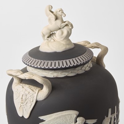 Lot 81 - A Wedgwood Solid Black Jasperware Pegasus Vase and Cover