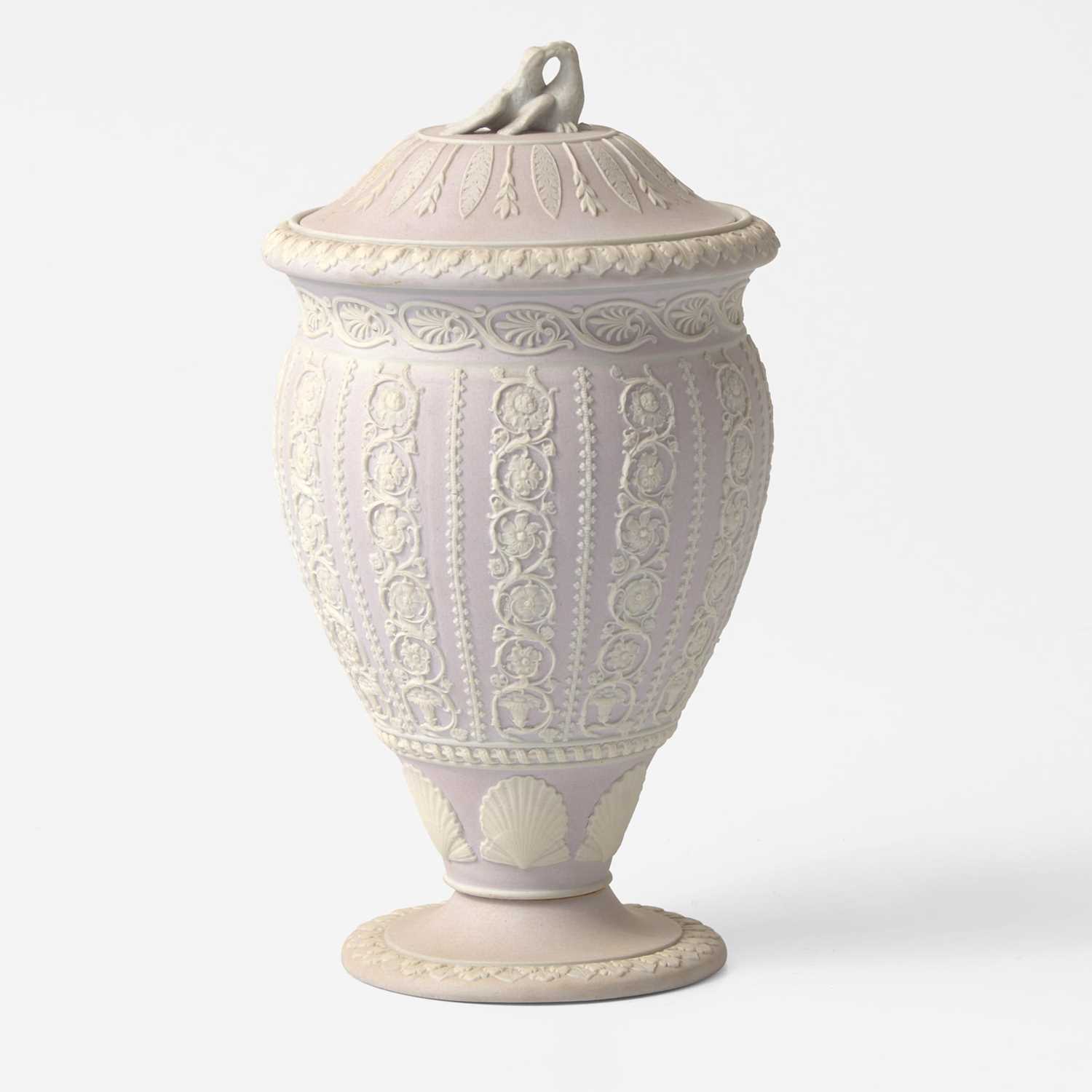 Lot 90 - A Wedgwood Lilac Dip Jasperware "Shell and Arabesque" Vase and Cover