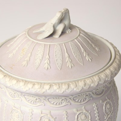 Lot 90 - A Wedgwood Lilac Dip Jasperware "Shell and Arabesque" Vase and Cover