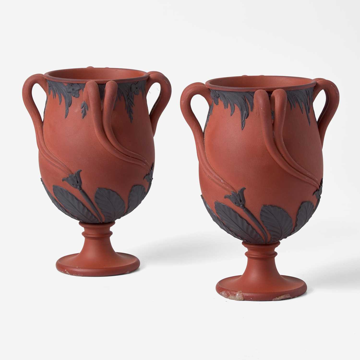 Lot 32 - A Pair of Wedgwood Black Basaltes-Decorated Rosso Antico "Tendril" Vases