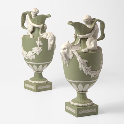 Lot 85 - A Pair of Wedgwood Solid Green Jasperware Water and Wine Ewers