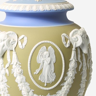 Lot 84 - A Wedgwood Tricolor Jasperware Urn-Form Potpourri Vase