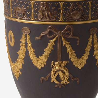 Lot 137 - A Wedgwood Bronzed and Gilded Black Basalt Vase and Cover
