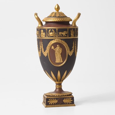 Lot 138 - A Wedgwood Bronzed and Gilt Black Basalt Vase and Cover