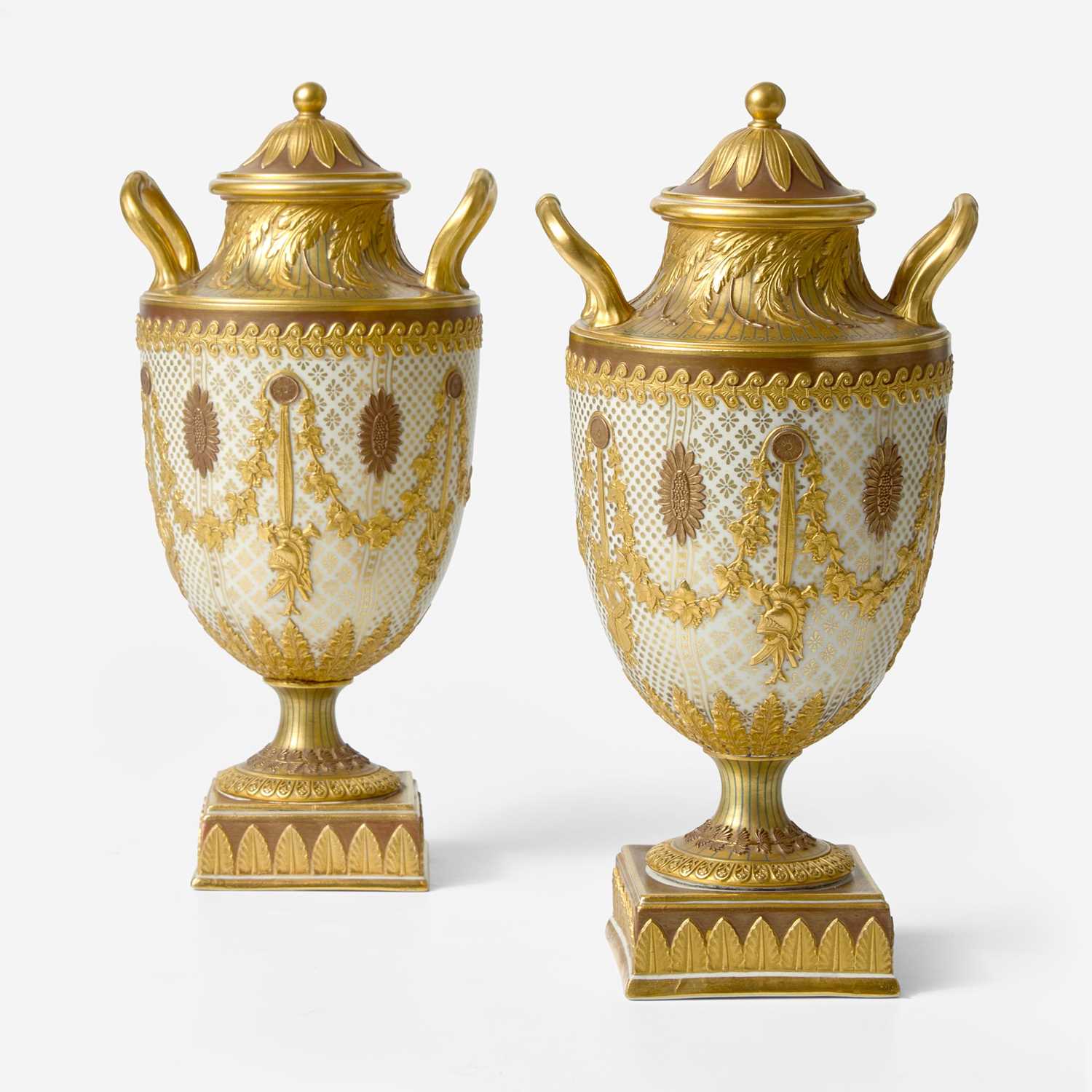 Lot 136 - A Pair of Wedgwood Gilded and Bronzed Victoria Ware Vases with Covers