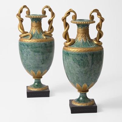 Lot 2 - A Pair of Wedgwood Simulated Porphyry Snake-Handled Vases
