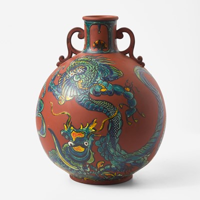 Lot 166 - A Wedgwood Enameled-Decorated Rosso Antico Handled Vase