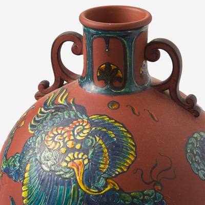 Lot 166 - A Wedgwood Enameled-Decorated Rosso Antico Handled Vase