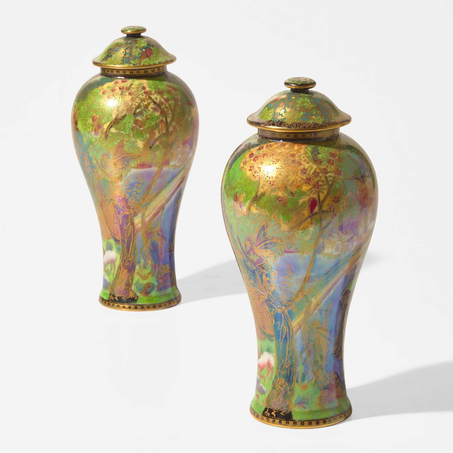Lot 181 - A Pair of Wedgwood Fairyland Lustre "Rainbow" Covered Vases