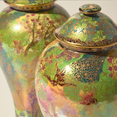 Lot 181 - A Pair of Wedgwood Fairyland Lustre "Rainbow" Covered Vases