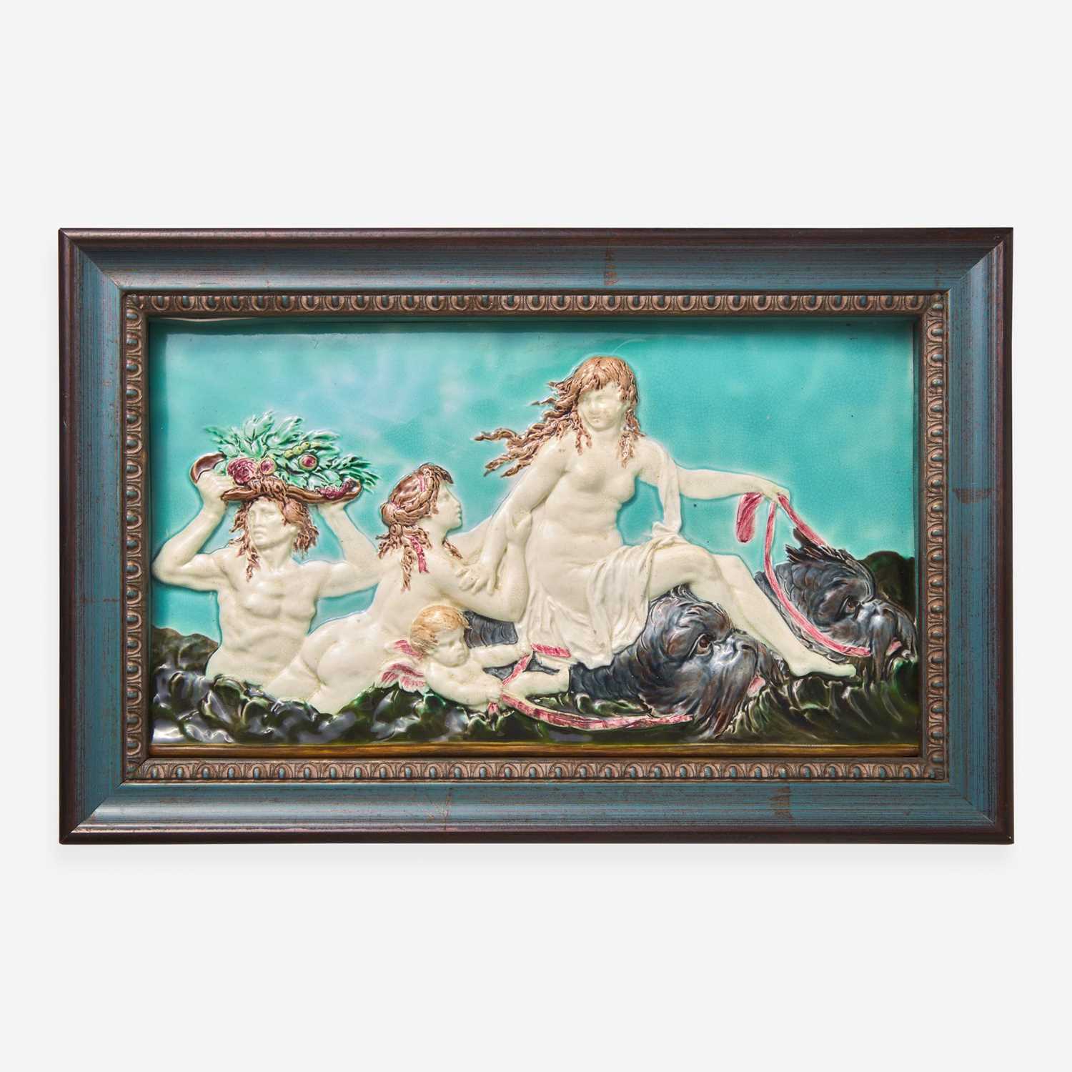 Lot 105 - A Wedgwood Majolica "Sea Nymph Riding Dolphins" Plaque After Clodion (1738-1814)
