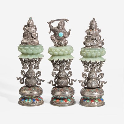 Lot 20 - Fifteen Sino-Tibetan style embellished jade and silver alloy altar ornaments
