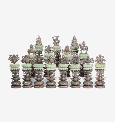 Lot 20 - Fifteen Sino-Tibetan style embellished jade and silver alloy altar ornaments