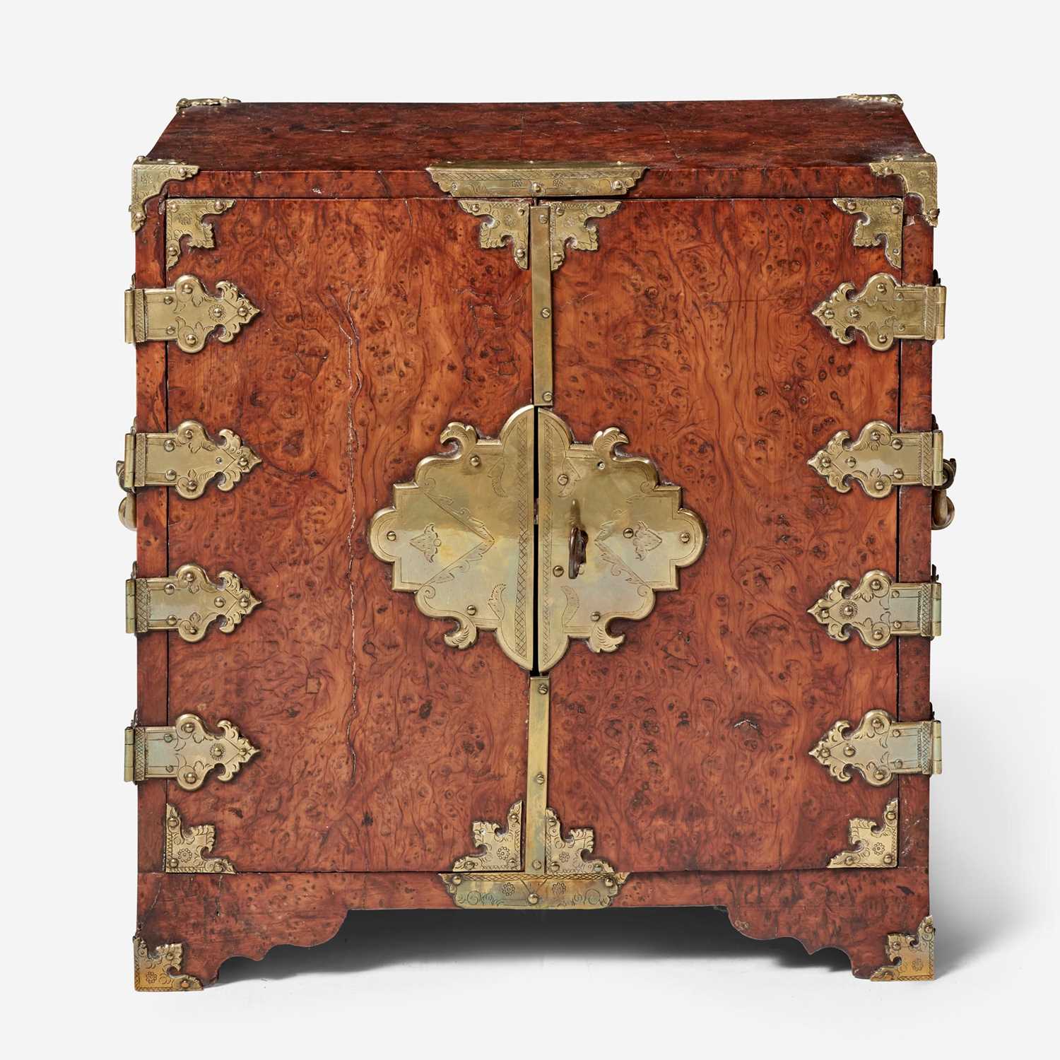 Lot 6 - A Queen Anne brass-mounted burl yew table cabinet