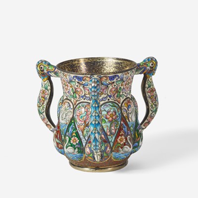 Lot 61 - A Russian silver-gilt and shaded enamel three-handled cup