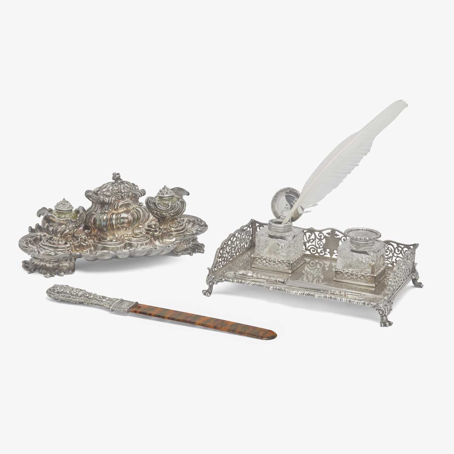Lot 45 - An assorted group of sterling silver, silverplated, and sterling-silver mounted faux tortoiseshell desk items