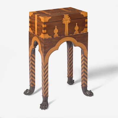 Lot 34 - An Anglo-Indian inlaid mahogany, fruitwood, and ebony box-on-stand