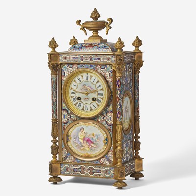 Lot 59 - A French cloisonné enamel and gilt-bronze mounted mantel clock with painted porcelain set medallions
