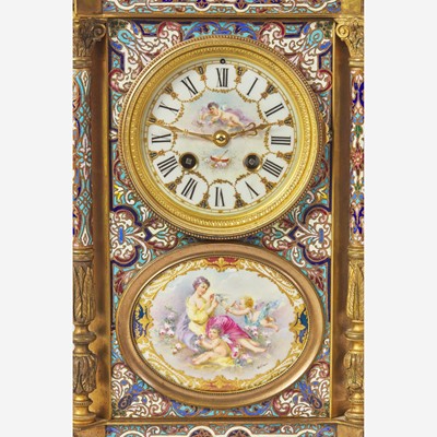 Lot 59 - A French cloisonné enamel and gilt-bronze mounted mantel clock with painted porcelain set medallions
