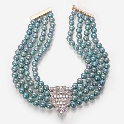 Lot 166 - A Multi-Strand Blue Pearl and Diamond Necklace