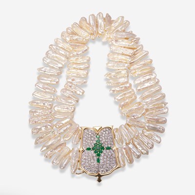 Lot 165 - A Keshi Pearl, Diamond, and Emerald Necklace