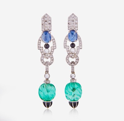 Lot 169 - Art Deco Black Onyx, Emerald, Sapphire, and Diamond Earrings