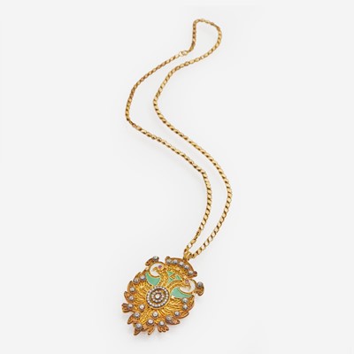 Lot 107 - An 18K Yellow Gold, Diamond, and Enamel Pendant and Chain