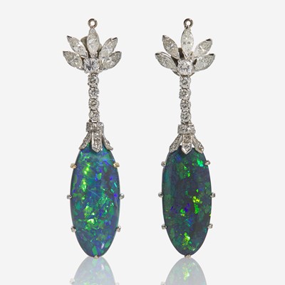 Lot 175 - A Pair of Black Opal and Diamond Earring Jackets