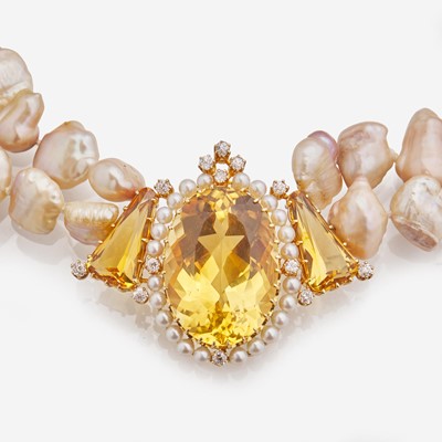 Lot 90 - A Matching Set of Citrine, Pearl, and Diamond Jewelry