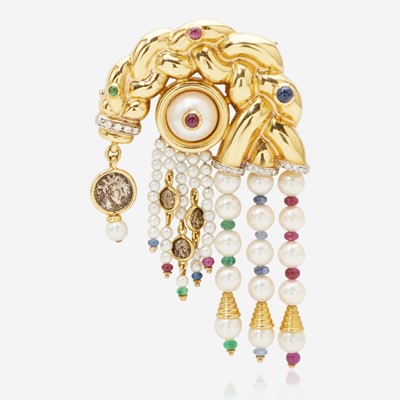 Lot 104 - An 18K Yellow Gold and Gemstone Roberto Legnazzi Brooch