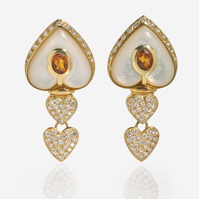 Lot 161 - A Pair of Mother of Pearl, Diamond, and Citrine Earrings