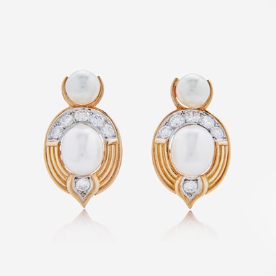 Lot 100 - A Pair of Pearl, Diamond, and 14K Gold Earrings