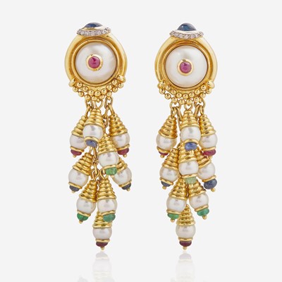 Lot 103 - A Pair of 18K Yellow Gold, Pearl, and Gemstone Ear Clips by Roberto Legnazzi