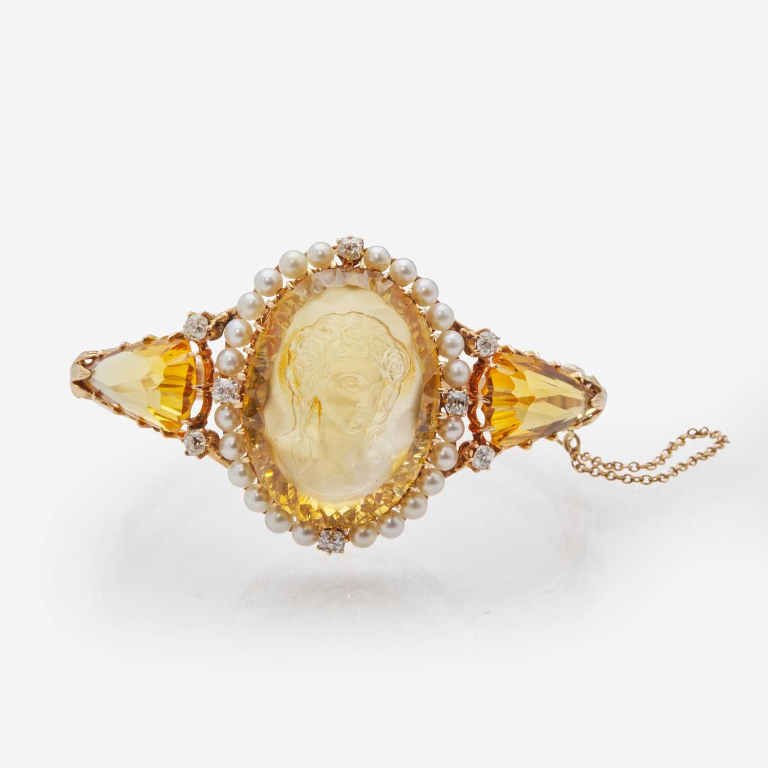 Lot 87 - A Yellow Gold, Citrine, Diamond, and Seed Pearl Bracelet