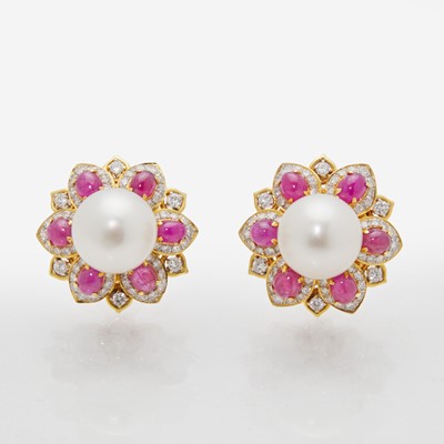 Lot 189 - A Pair of 18K Yellow Gold, Ruby, Diamond, and Pearl Earrings