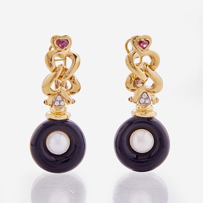 Lot 97 - A Pair of Black Onyx, Pearl, and Tourmaline Angiolino & Zogno Earrings