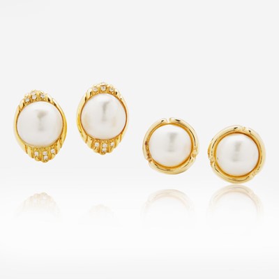 Lot 98 - Two Pairs of 14K Yellow Gold and Pearl Earrings