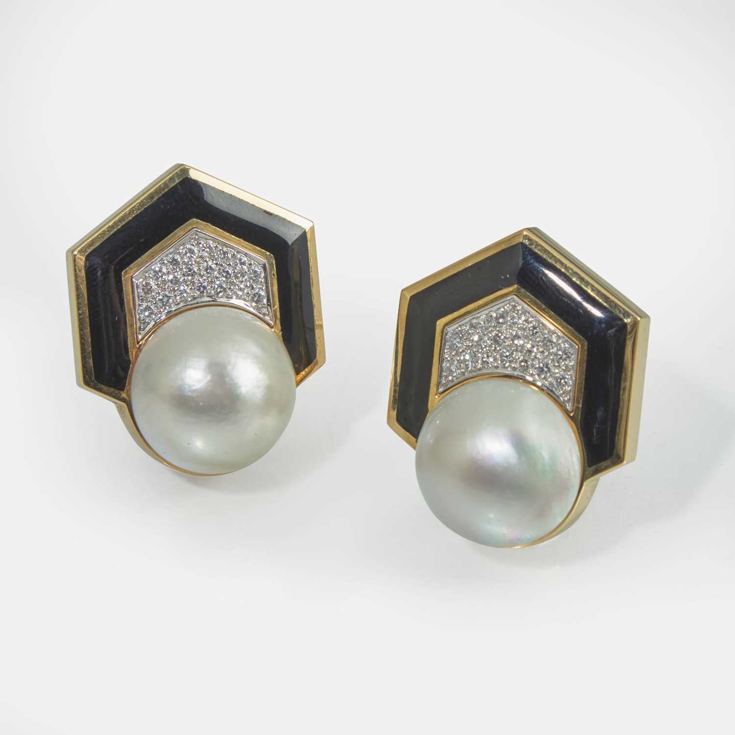 Lot 91 - A Pair of 18K Yellow Gold, Pearl, and Diamond Earrings
